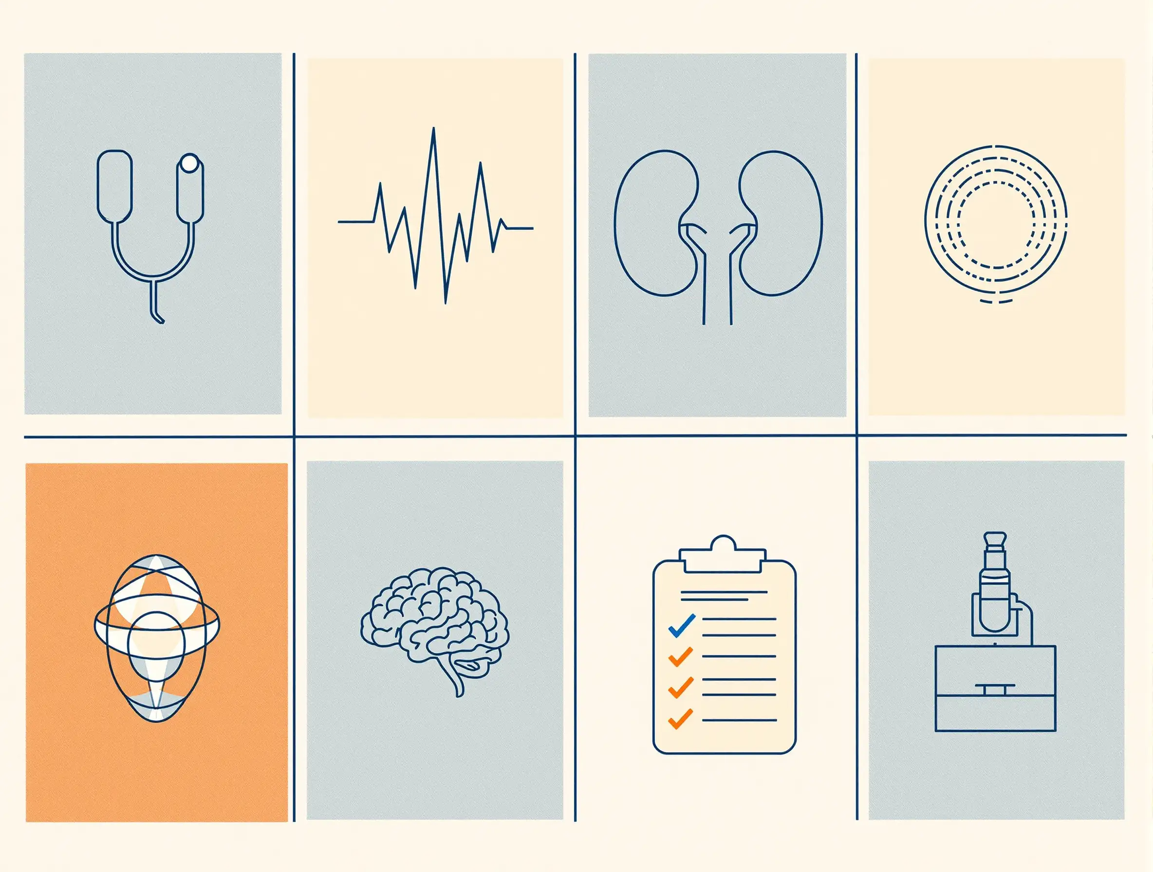 Grid of abstract geometric icons representing clinical specialties