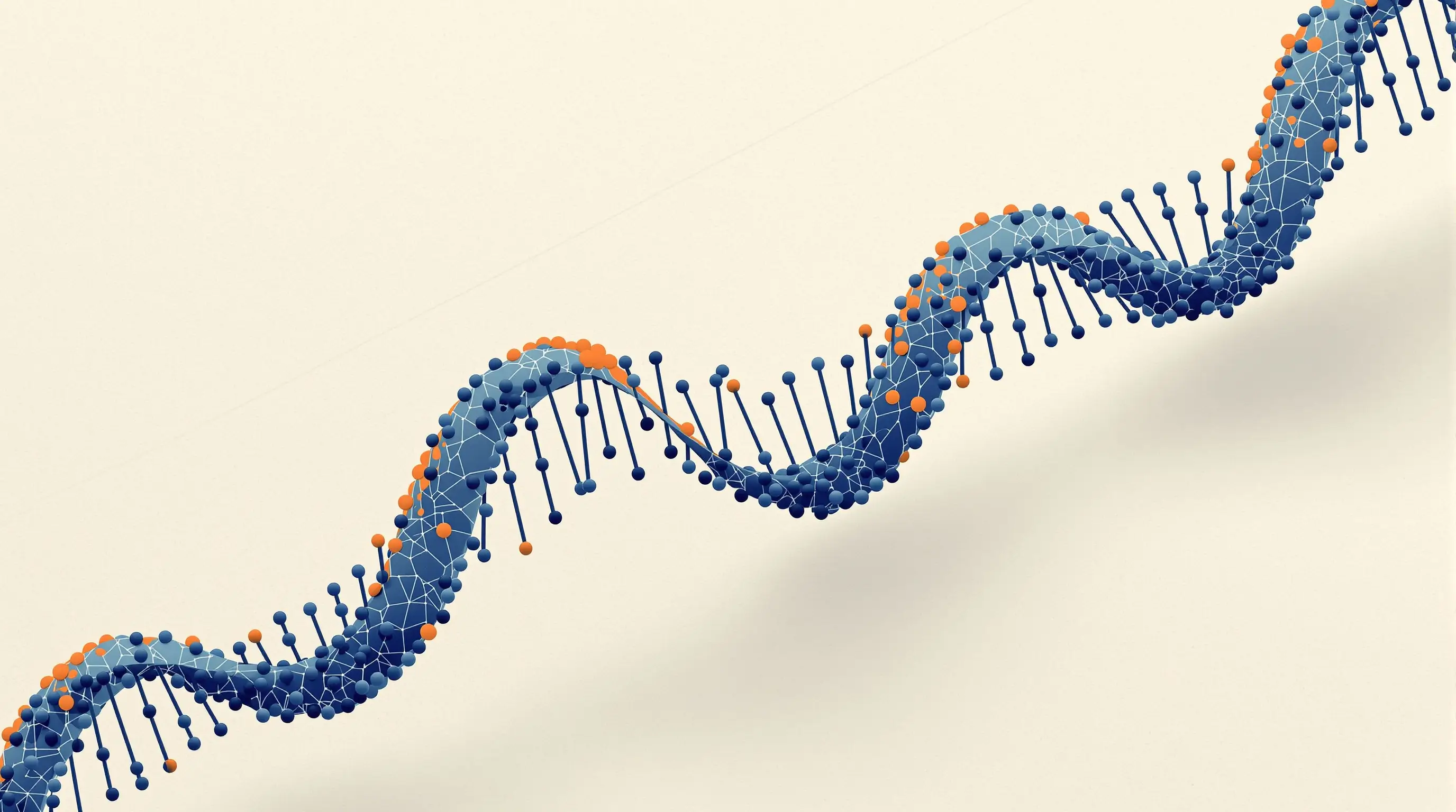 Abstract isometric peptide chain illustration in slate-blue and terracotta on cream