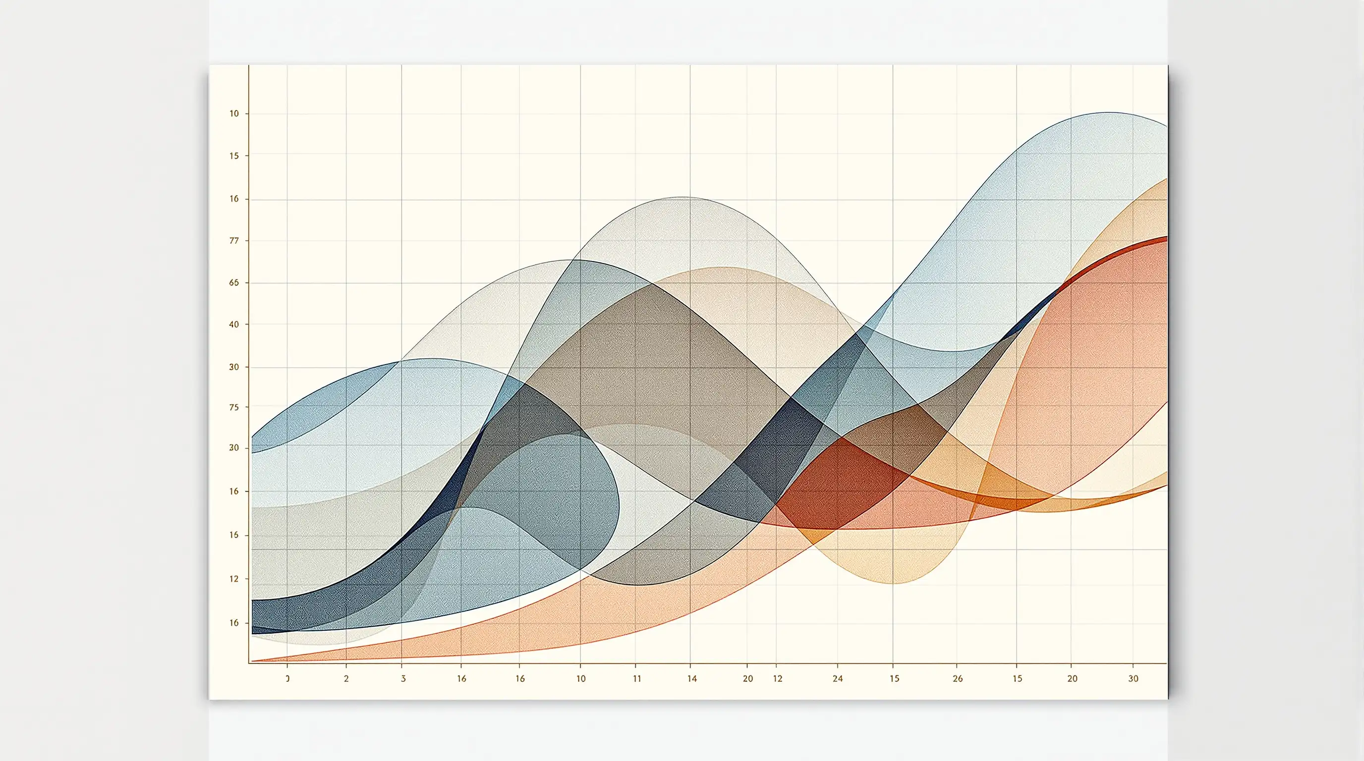 Abstract line-graph illustration in slate-blue, taupe, and terracotta