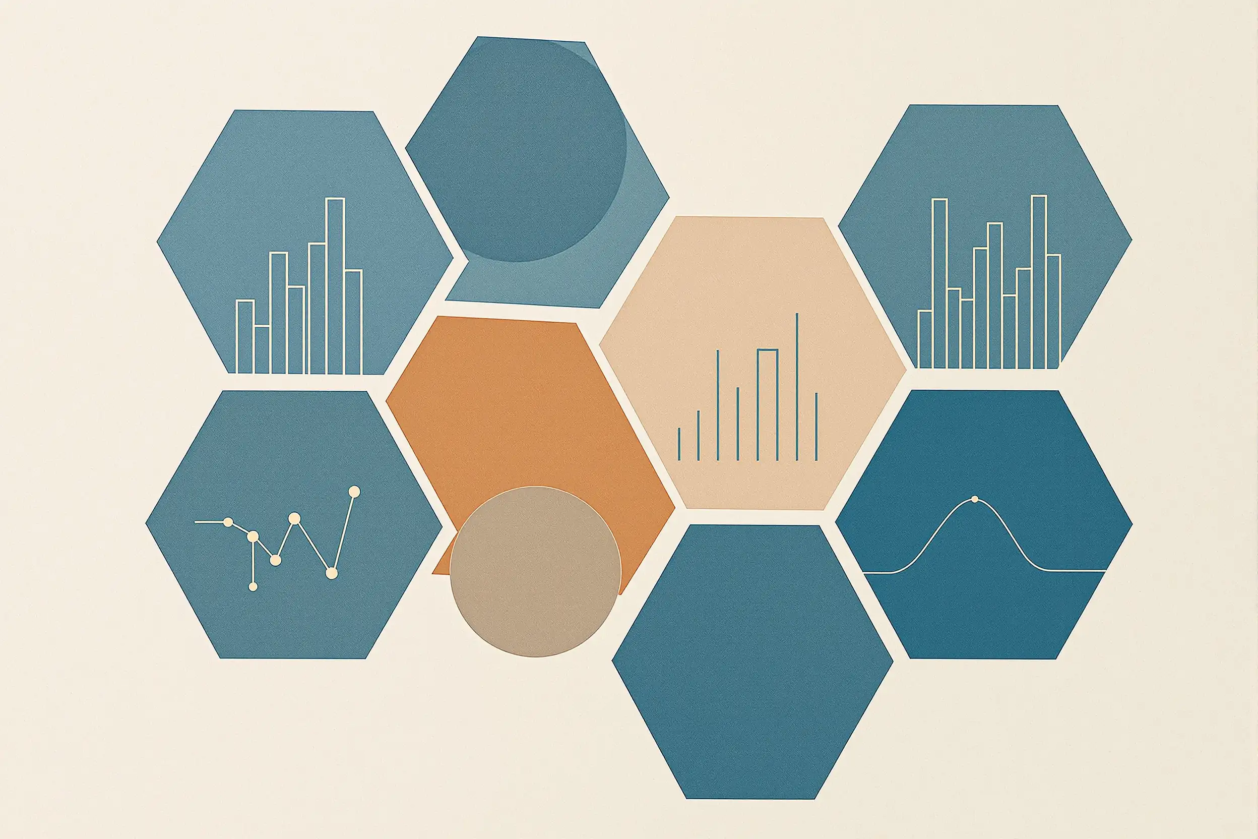 Hexagonal grid of abstract clinical-trial data glyphs
