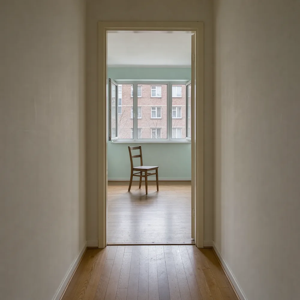 A view through a doorway toward broad windows, open shutters and a chair farther away.