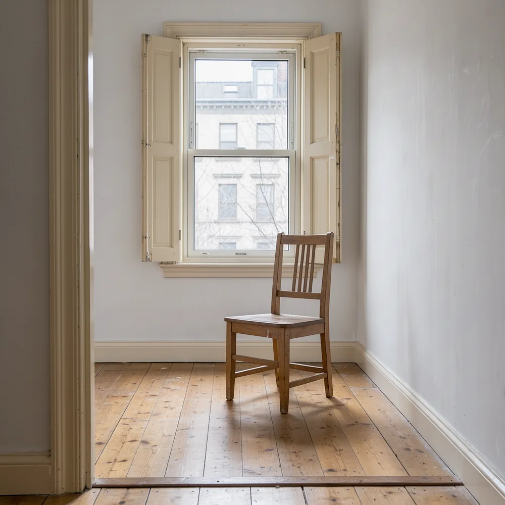 A city-flat room seen from its threshold, with an open shutter and an empty chair by the window.