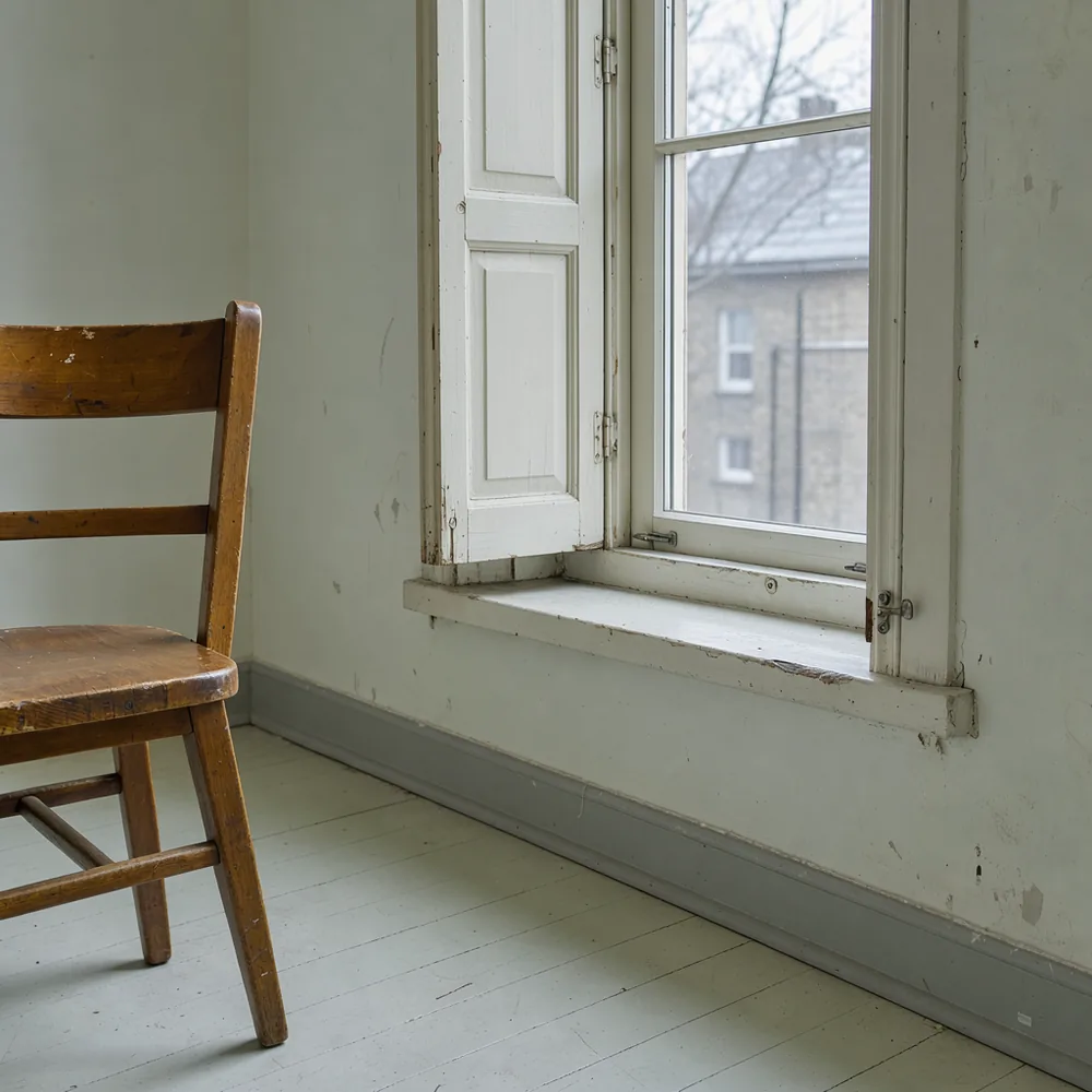 Winter light falls across an open shutter and the edge of an empty chair.