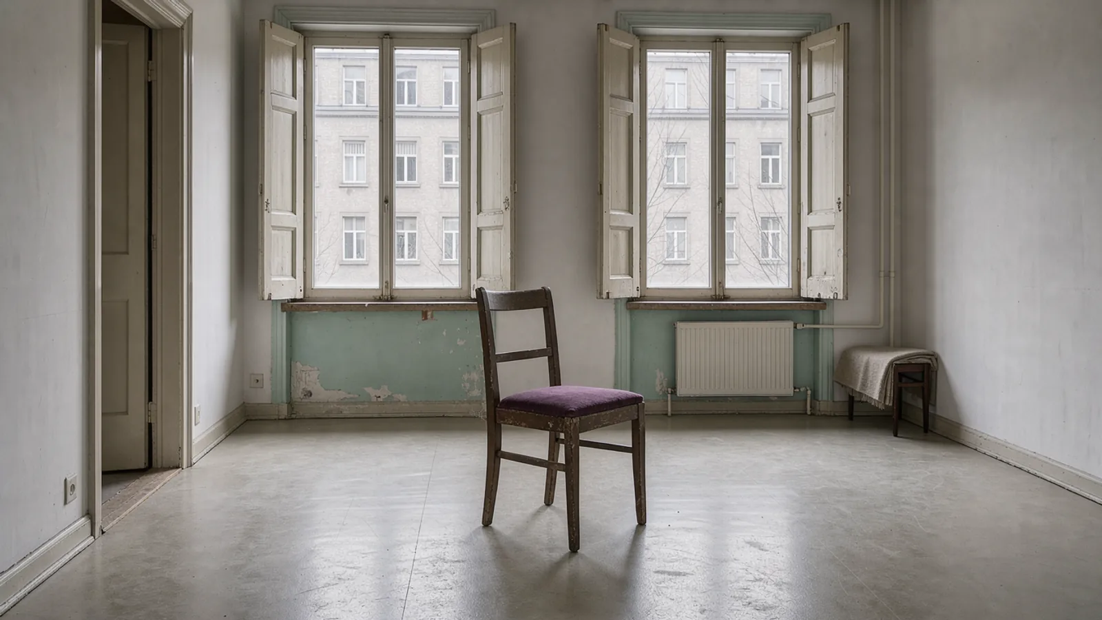 Wide windows with open shutters and a simple wooden chair in a modest city flat.