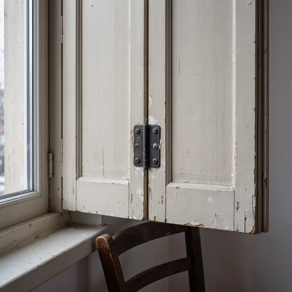 A close view of the hinge and painted slats of an open window shutter.